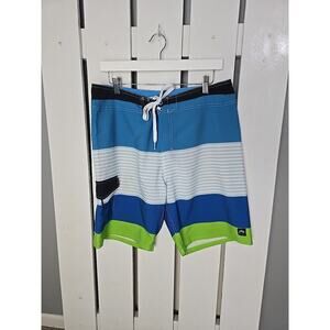 Rusty Board Shorts Striped Blue Green Hook & Loop Mens Size 33 Surfer Beach